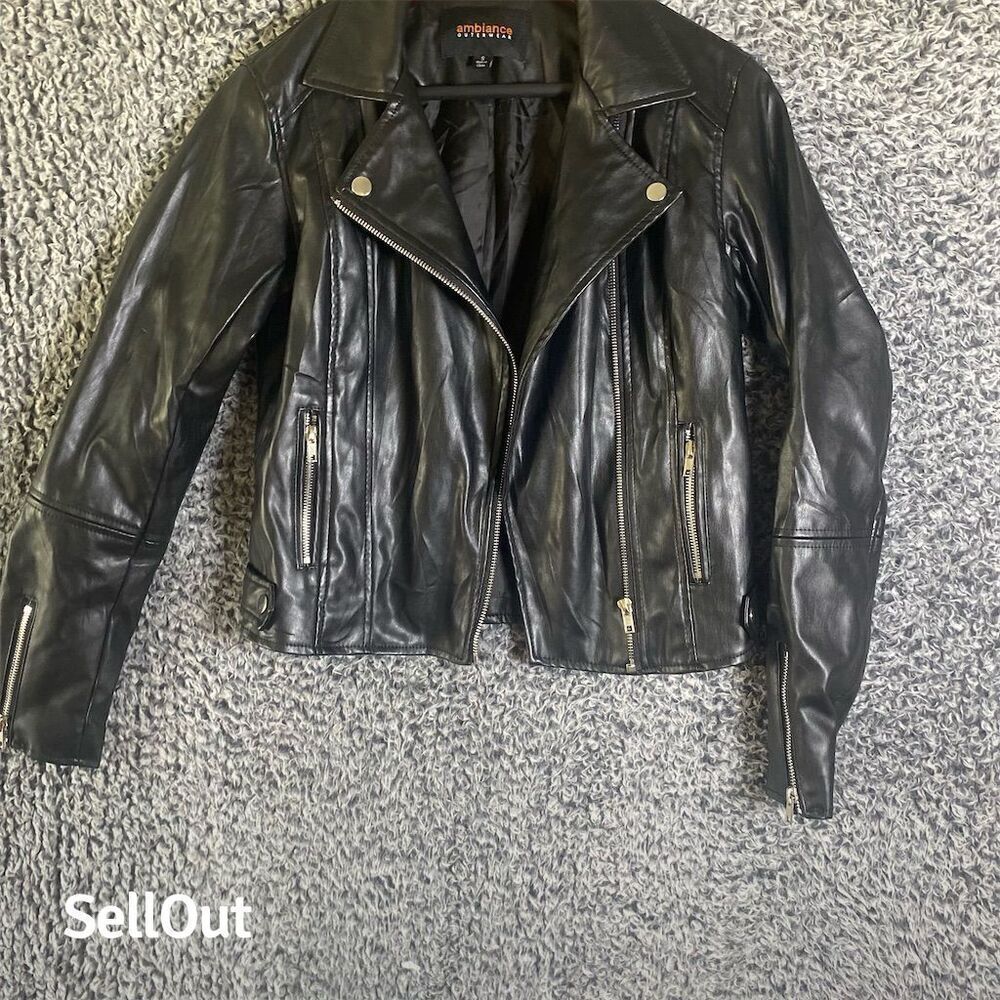 Ambiance faux leather Women's Black Moto Jacket Size S Asymmetrical Zip